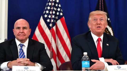 Donald Trump and H. R. McMaster during a security briefing on August 10, 2017, in New Jersey. (Nicholas Kamm/AFP via Getty Images)