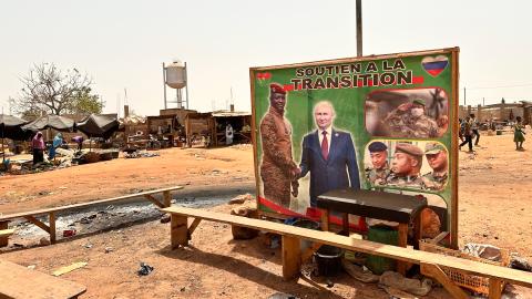 Russia's President Putin and Burkina Faso's interim military president Traoré can be seen together on a poster with the slogan "Support for the transition" in Ouagadougou, Burkina Faso, on March 5, 2024. (Christina Peters/picture alliance via Getty Images)