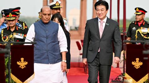 India's Defence Minister Rajnath Singh and his Japanese counterpart Minoru Kihara leave after the guard of honour ceremony in New Delhi on August 20, 2024. (Sajjad Hussain/AFP via Getty Images)