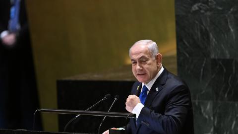 Israeli Prime Minister Benjamin Netanyahu speaks during the 79th Session of the United Nations General Assembly in New York City on September 27, 2024.  (Fatih Aktas/Anadolu via Getty Images)