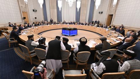 The Russian foreign minister and the deputy foreign minister of the Taliban government in Afghanistan attend the Moscow Format in Moscow, Russia, on October 4, 2024. (Sefa Karacan/Anadolu via Getty Images)