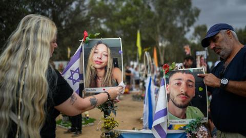 Family and friends gather at the Nova Festival Memorial to mark the first anniversary since Hamas attacked on October 7, 2024, in Re'im, Israel. (Alexi J. Rosenfeld via Getty Images)