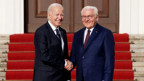 German President Frank-Walter Steinmeier welcomes US President Joe Biden at Schloss Bellevue on October 18, 2024, in Berlin, Germany. (Sean Gallup via Getty Images)