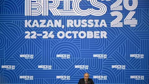 Russia's President Vladimir Putin speaks during the BRICS summit in Kazan, Russia, on October 24, 2024. (Alexander Nemenov/AFP via Getty Images)