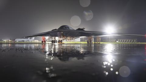 U.S. Air Force Members from the 131st Bomb Wing, Missouri Air National Guard, begin preparations for a hot pit refuel on a B-2 Spirit at Andersen Air Force Base, Guam, Sept. 10, 2024. (DVIDS)