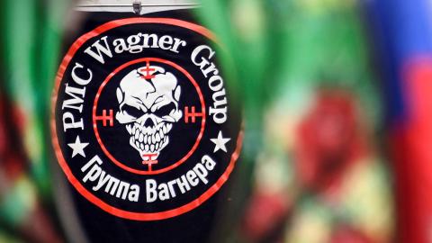 A shirt bearing the first logo of the Wagner Group is displayed in Moscow, Russia, on May 12, 2023. (Alexander Nemenov/AFP via Getty Images)