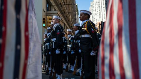 Members of the U.S. Navy participate in the annual Veterans Day Parade on November 11, 2023 in New York City. Hundreds of people lined 5th Avenue to watch the biggest Veterans Day parade in the United States. This years event included veterans, active soldiers, police officers, firefighters and dozens of school groups participating in the parade which honors the men and women who have served and sacrificed for the country (Photo by Spencer Platt/Getty Images)