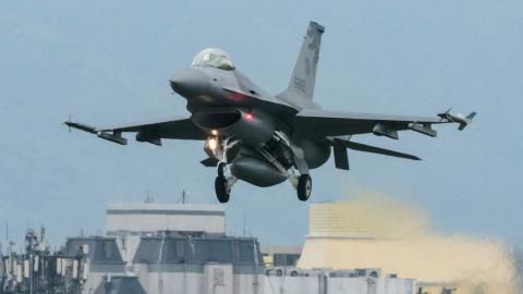 A Taiwanese Air Force F-16 fighter jet approaches for landing at an air force base in Hualien, Taiwan, on May 24, 2024. (Yasuyoshi Chiba/AFP via Getty Images)