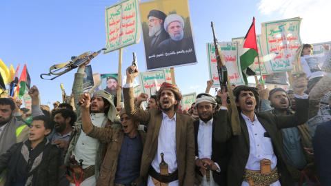 Supporters of Yemen's Houthis attend an anti-Israel rally in Sanaa, Yemen, on November 1, 2024. (Mohammed Huwais/AFP via Getty Images)