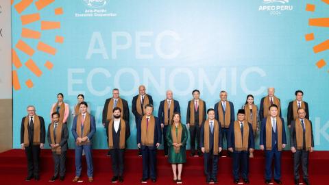 Joe Biden and other leaders participate in a family photo during the Asia-Pacific Economic Cooperation (APEC) Leaders' Retreat summit in Lima, Peru, on November 16, 2024. (Saul Loeb/AFP via Getty Images)