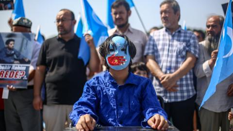 Uyghurs living in Turkey protest Wang Yi on July 26, 2023, in Istanbul, Turkey. (Hakan Akgun via Getty Images)