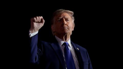 Donald Trump gestures after speaking at a campaign rally on October 19, 2024, in Latrobe, Pennsylvania. (Win McNamee via Getty Images)