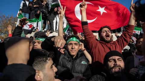 Syrians living in Turkey celebrate with opposition flags after Syrian rebels announced that they have ousted Bashar al-Assad on December 8, 2024, in Istanbul, Turkey. (Burak Kara via Getty Images)