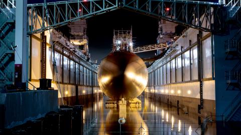 Caption: Fast-attack submarine USS Scranton (SSN 756) prepares to depart the floating dry dock ARCO (ARDM 5) at Naval Base Point Loma, California, on September 4, 2024. (US Navy photo by Aaron T. Smith)