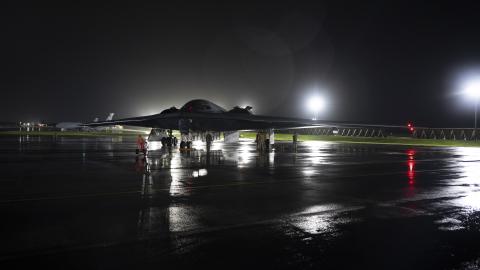 U.S. Air Force Members from the 131st Bomb Wing, Missouri Air National Guard, begin preparations for a hot pit refuel on a B-2 Spirit at Andersen Air Force Base, Guam, Sept. 10, 2024. Hot pit refueling involves providing fuel to an aircraft immediately after it lands and engines running to minimize time spent on the ground and extend power projection capabilities. Bomber missions continue to contribute to joint force lethality and deter aggression in the Indo-Pacific by demonstrating the USAF’s ability to o