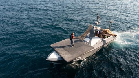 (Nov. 5, 2024) An unmanned surface vessel, attached to U.S. Naval Forces Central Command’s Task Force 59, participates in exercise Digital Talon 3.0 in the U.S. Central Command area of responsibility. (Official U.S. Army photo)