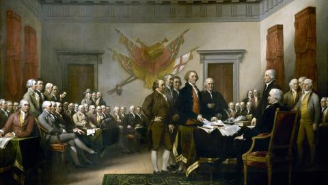 John Trumbull's painting, circa 1754, of the five-man drafting committee of the Declaration of Independence presenting their work to the Congress. (Universal History Archive via Getty Images)