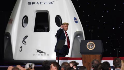 Donald Trump speaks at NASA's Vehicle Assembly Building after the launch of a SpaceX spaceship to the International Space Station on May 30, 2020. (Paul Hennessy/SOPA Images/LightRocket via Getty Images)