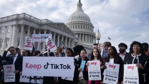 People gather to oppose a TikTok ban in Washington, DC, on March 22, 2023. (Brendan Smialowski/AFP via Getty Images)