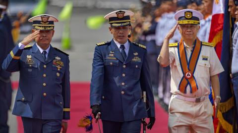 apan Coast Guard Commandant Admiral Shohei Ishii (right) and Philippine Coast Guard Chief of Staff Commodore Joeven Fabul (left) take part in arrival honors at the Philippine Coast Guard headquarters on November 4, 2023, in Manila, Philippines, as the countries seek to bolster military ties after tensions escalated between China and the Philippines in the South China Sea. (Ezra Acayan via Getty Images)