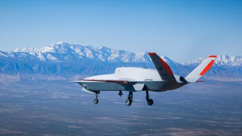 Air Force Research Laboratory’s XQ-67A Off Board Sensing Station flies near Palmdale, California on February 28, 2024. (DVIDS)