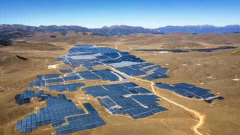 Aerial view of solar panels at a high-altitude photovoltaic base on October 29, 2022, in Sichuan Province of China. (VCG/VCG via Getty Images)