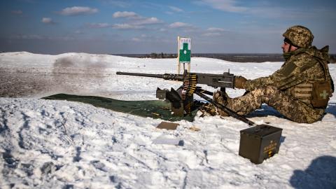 Ukrainian soldiers practice firing a Browning heavy machine gun on February 20, 2025, in Donetsk Oblast, Ukraine. (Roman Chop/Global Images Ukraine via Getty Images)