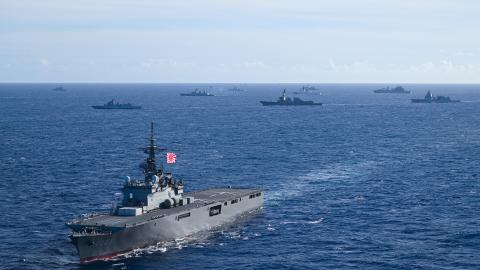 Japan Maritime Self-Defense Force tank landing ship JS Kunisaki breaks away from the formation after a group sail on July 22, 2024, off the coast of Hawaii during Exercise Rim of the Pacific (RIMPAC) 2024. (US Air Force photo)