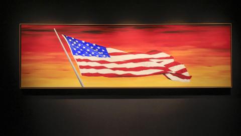 Ed Ruscha's American Georges' Flag is on display during a media preview at Sotheby's, in New York, on November 8, 2024. (Kena Betancur/AFP via Getty Images)