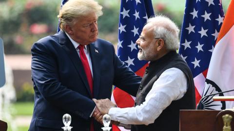 President Donald Trump shakes hands with Indian Prime Minister Narendra Modi during a joint press conference at Hyderabad House in New Delhi, India, on February 25, 2020. (Prakash Singh via Getty Images)