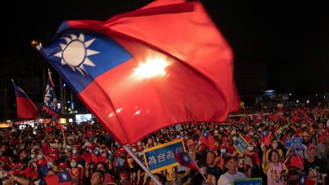 Supporters of Terry Gou, the founder of tech giant Foxconn, attend a campaign rally in Kaohsiung on May 7, 2023. (Jameson Wu/AFP via Getty Images)