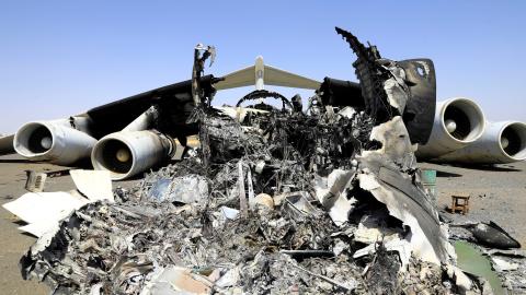 A destroyed aircraft at Khartoum International Airport in Sudan is seen on April 17, 2025, after the Sudanese Armed Forces took control of the airport from the Rapid Support Forces. (Getty Images)