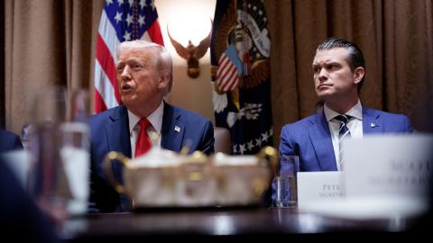 US President Donald Trump, accompanied by Defense Secretary Pete Hegseth, speaks during a Cabinet meeting at the White House on February 26, 2025, in Washington, DC. (Andrew Harnik via Getty Images)