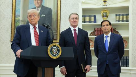 President Donald Trump speaks during a swearing-in ceremony for US Ambassador to China David Perdue on May 7, 2025, in Washington, DC. (Anna Moneymaker via Getty Images)