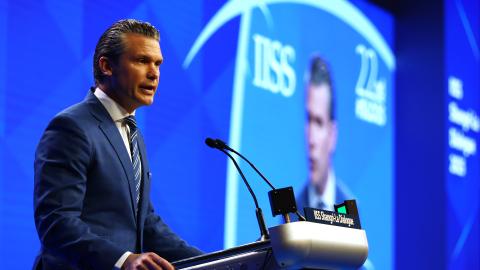 US Secretary of Defense Pete Hegseth speaks during the 22nd IISS Shangri-La Dialogue at the Shangri-La Hotel on May 31, 2025, in Singapore. (Yong Teck Lim via Getty Images)