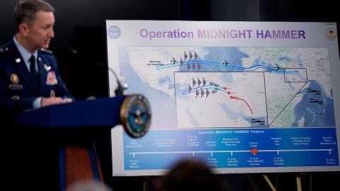 Chairman of the Joint Chiefs of Staff Air Force Gen. Dan Caine discusses the mission details of a strike on Iran during a news conference at the Pentagon on June 22, 2025. (Getty Images)