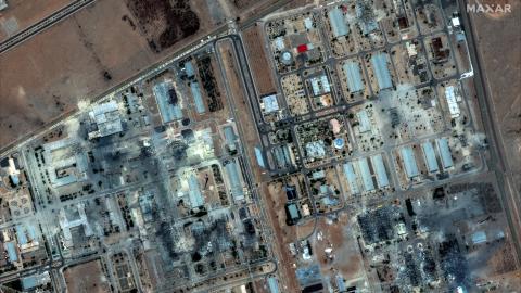 Maxar satellite imagery from June 22, 2025, shows extensive building damage across the Isfahan Nuclear Technology Center following recent airstrikes. Multiple rooftops appear collapsed or charred in today's post-strike image. (Maxar Technologies satellite image via Getty Images)