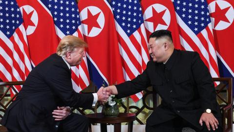 President Donald Trump shakes hands with North Korean leader Kim Jong Un following a meeting at the Sofitel Legend Metropole hotel in Hanoi on February 27, 2019. (Getty Images)