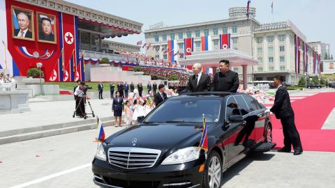 North Korean leader Kim Jong Un and Russian President Vladimir Putin attend a welcoming ceremony at Kim Il Sung Square in Pyongyang on June 19, 2024. (Getty Images)