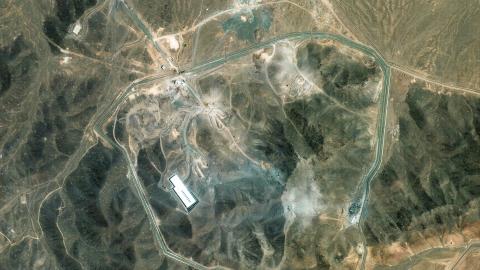Maxar satellite imagery provides a wide overview of the Fordow nuclear complex in Iran on June 27, 2025. (Maxar Technologies via Getty Images)