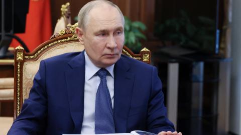 Russia’s President Vladimir Putin holds a meeting on education issues at the Kremlin in Moscow on July 10, 2025. (Mikhail Metzel via Getty Images)