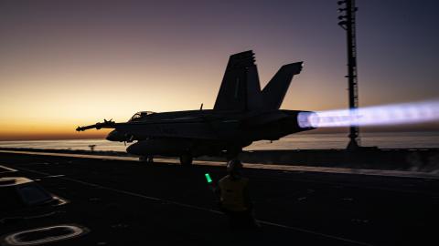 An F/A-18E Super Hornet takes off from the flight deck the USS George Washington while underway in the Timor Sea on July 15, 2025, during Talisman Sabre, the largest bilateral military exercise between Australia and the United States. (US Navy photo)
