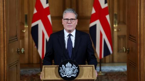 UK Prime Minister Keir Starmer delivers a statement inside No. 10 Downing Street on the day the cabinet was recalled to discuss the situation in Gaza on July 29, 2025, in London, England. (Toby Melville via Getty Images)