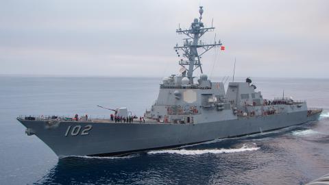 The USS Sampson steams alongside the USS Nimitz in the Pacific Ocean on October 5, 2024. (US Navy photo by)