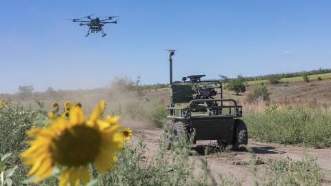 Ukrainian soldiers train with armed ground robots at an undisclosed location in Donetsk Oblast, Ukraine, on September 3, 2025. (Getty Images)