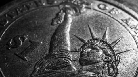 1 US Dollar coin with Statue of Liberty design close-up macro