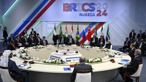 Leaders of BRICS countries attend the narrow format meeting of the BRICS summit in Kazan, Russia, on October 23, 2024. (Getty Images)