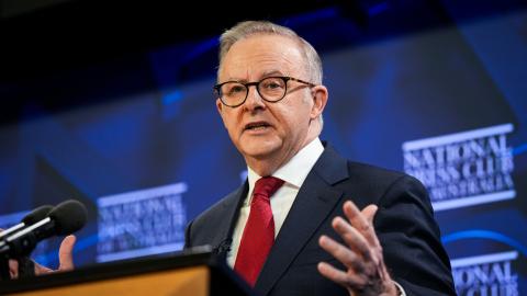 Caption Australian Prime Minister Anthony Albanese walks gives a speech at the National Press Club on April 30, 2025 in Canberra, Australia. (Getty Images) Share to Twitter