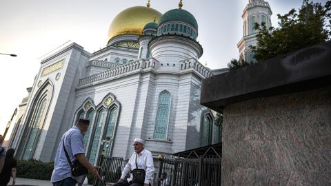  Muslims living and visiting the capital perform their prayers at the Moscow Central Mosque, on September 1, 2025, in Moscow. (Metin Aktas via Getty Images)