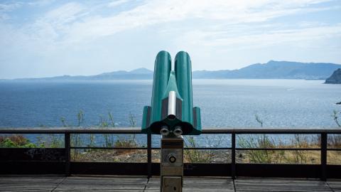 A Telescope pointed at the sea and distant mountains in Cerbere, France, on August 31, 2024. (Getty Images) Share to Twitter